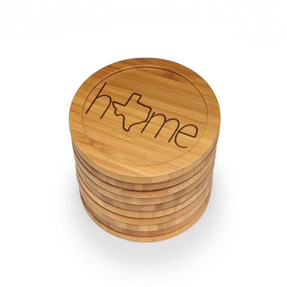 BambooMN Laser Engraved Coasters - Home w/ State - Style 2 - Round - Texas - 4 Pieces