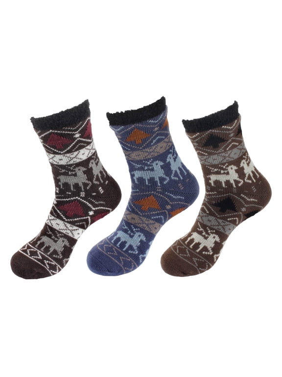 Men's Cabin Double Layer Thick Soft Warm Fuzzy Comfy Home Socks, 3 Pairs Asst C, Extra Large