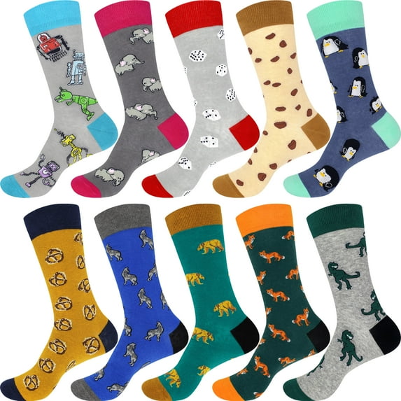 BambooMN Men's Cotton Novelty Fun Design Socks - Assortment 10C - Regular - 10 Pairs