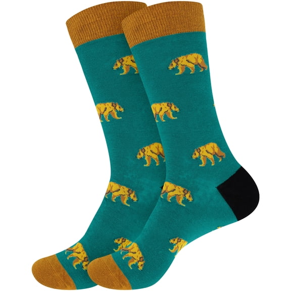 BambooMN Men's Cotton Novelty Fun Design Socks - Big Brown Bear - Regular - 2 Pairs