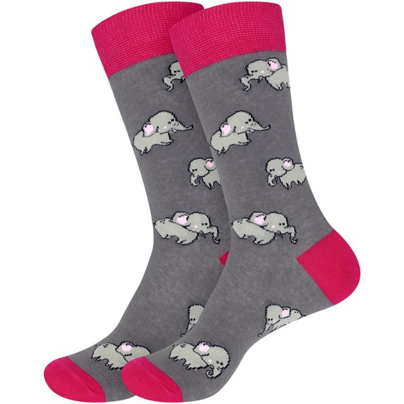 BambooMN Men's Cotton Novelty Fun Design Socks - Elephants - Regular - 2 Pairs