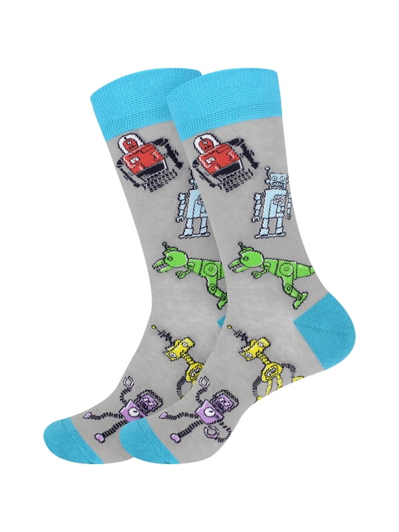 Men's Cotton Novelty Fun Design Socks - Robots - Regular - 2 Pairs