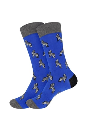 Men's Cotton Novelty Fun Design Socks - Wolf Print - Regular - 2 Pairs