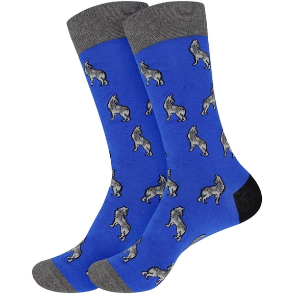 BambooMN Men's Cotton Novelty Fun Design Socks - Wolf Print - Regular - 2 Pairs