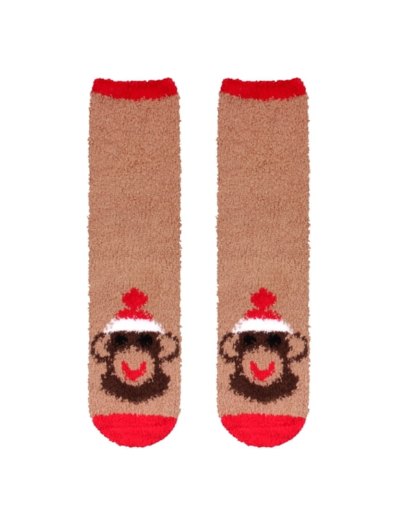 Monkey Socks for Women, Fuzzy Cozy Animal Crew Socks, Warm Gifts, 2 Pairs