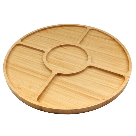 BambooMN Natural 15" Bamboo Round 5 Compartment Serving Tray/Platter, Charcuterie Board, Perfect for Snacks, Party Platter, Appetizers