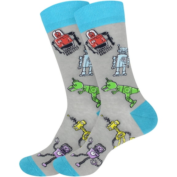 BambooMN Novelty Socks for Women and Teens, Funny, Crazy Socks for a Fun and Cute Casual Look - Combed Cotton - Robots - 2 Pairs, Size 4-9.5