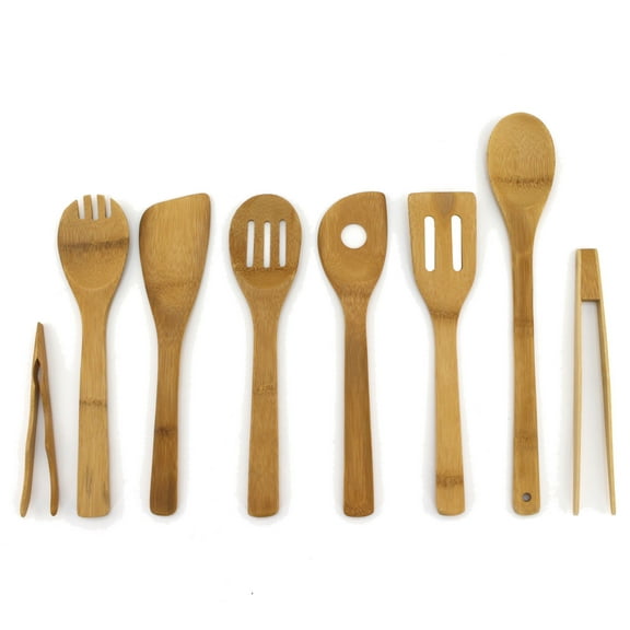 BambooMN Organic Bamboo Utensil Set Spatula Spoon Tongs - 8 Piece