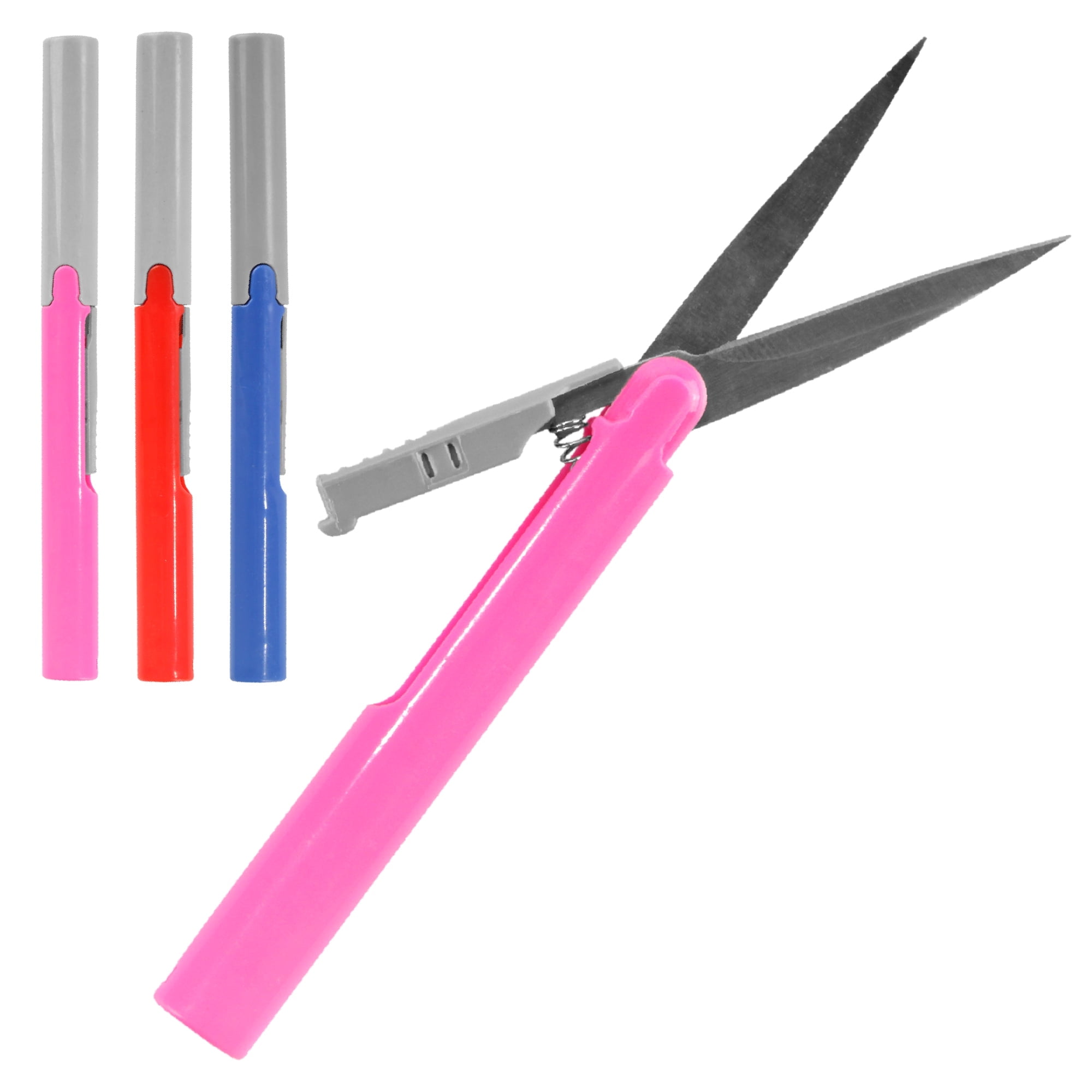 BambooMN Penblade Travel Scissors - 1 Pair Deep Blue & 1 Pair Pink, Pen-Style With Safety Cap
