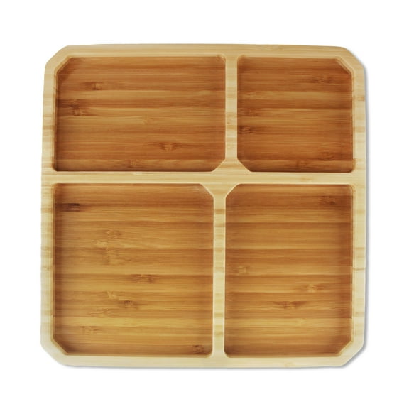 BambooMN Portion Control Plates - 9" x 9" Bamboo Ecoware Reusable Dinnerware Divided Square Plates for Adults and Kids, 1 Pc