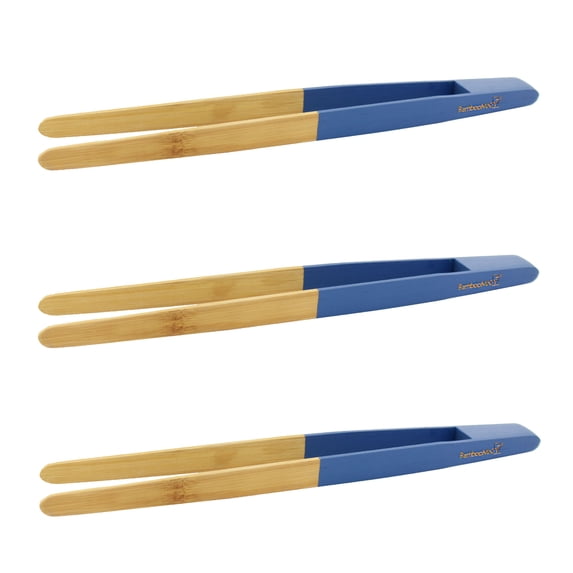 BambooMN Premium 10" Reusable Bamboo Kitchen "A" Toast Tongs For Cooking & Holding - Blue - 10 Pieces