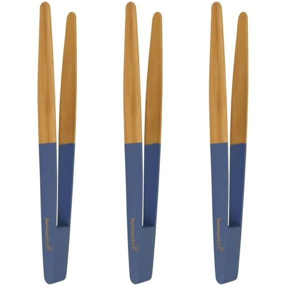 BambooMN Premium 10" Reusable Bamboo Kitchen "A" Toast Tongs For Cooking & Holding - Blue - 3 Pieces