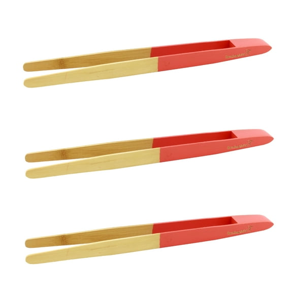 BambooMN Premium 12" Reusable Bamboo Kitchen "A" Toast Tongs For Cooking & Holding - Red - 30 Pieces