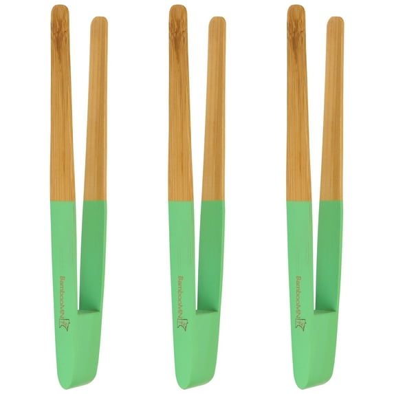 BambooMN Premium 7.9" Reusable Bamboo Kitchen "A" Toast Tongs For Cooking & Holding - Green - 3 Pieces