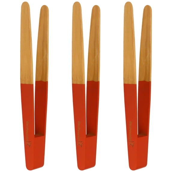 BambooMN Premium 7.9" Reusable Bamboo Kitchen "A" Toast Tongs For Cooking & Holding - Red - 3 Pieces