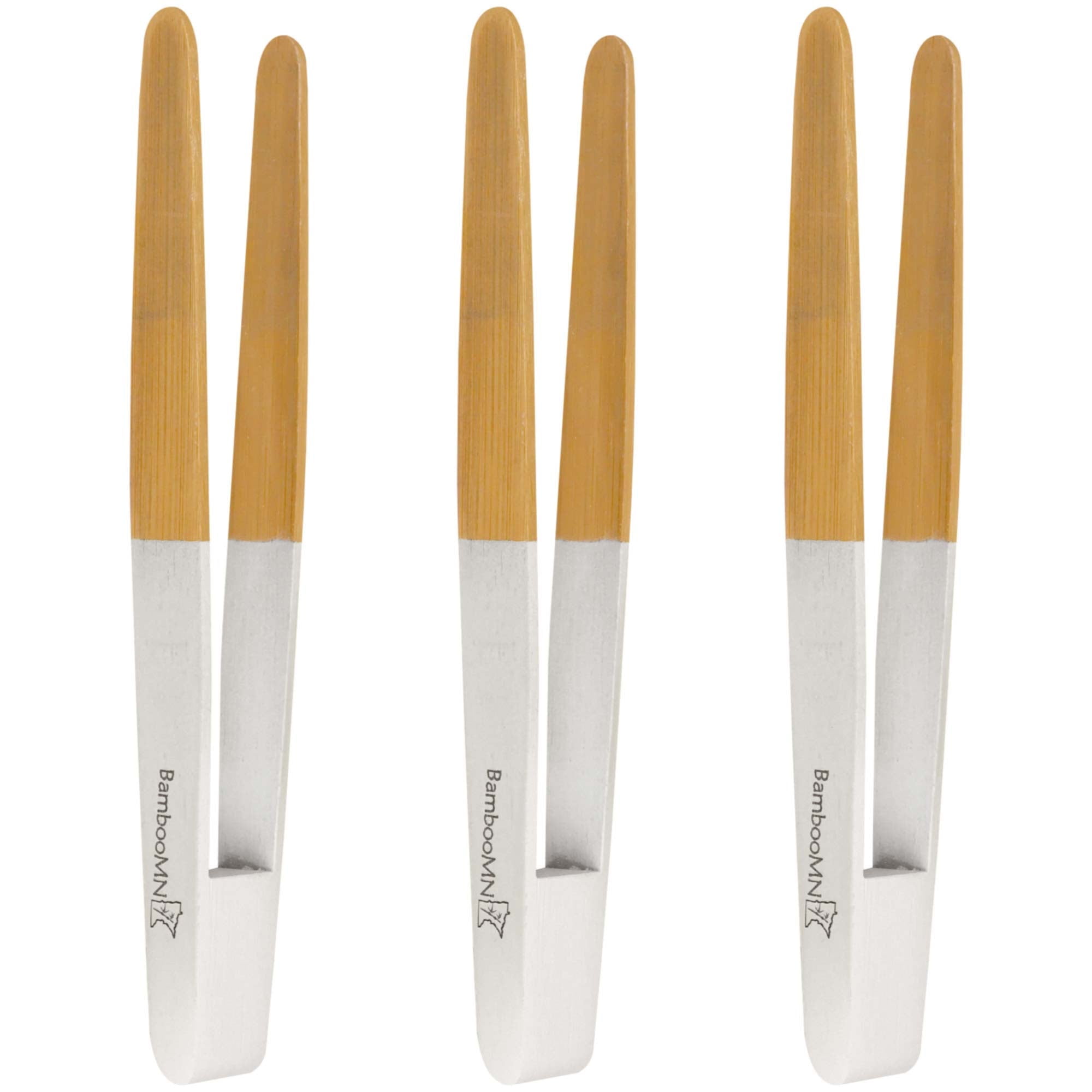 BambooMN Premium 7.9" Reusable Bamboo Kitchen "A" Toast Tongs For Cooking & Holding - White - 3 Pieces