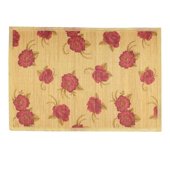BambooMN Premium Bamboo Slats Placemat with Fabric Border - Floral Print - 12" x 17.5" - Peony, 8 pcs
