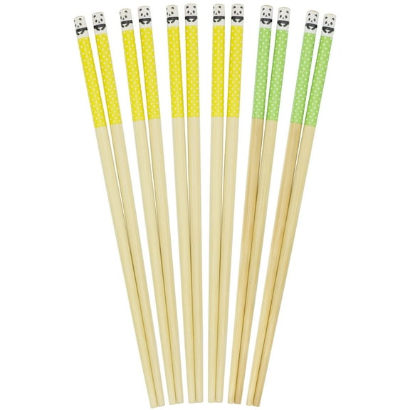 BambooMN Premium Reusable Japanese Bamboo Chopsticks, Polka Dot Panda, 9.5 inch - Yellow and Green - 6 Pairs