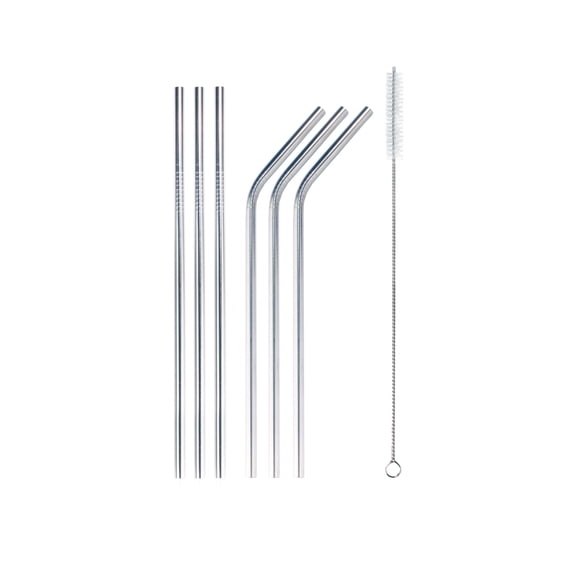 BambooMN Reusable Stainless Steel Metal Drinking Straws - 8"/8.5" (3 Thin Straight/3 Bent Straws) w/ 1x Cleaning Brush - 6 Pack