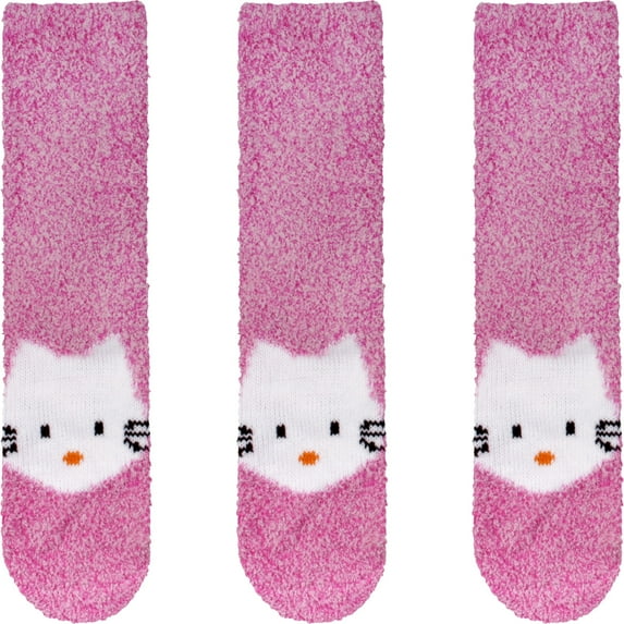 BambooMN Women's Super Soft Warm Cute Animal Non-Slip Fuzzy Fluffy Crew Winter Home Socks, Pink Kitty - 3 Pairs