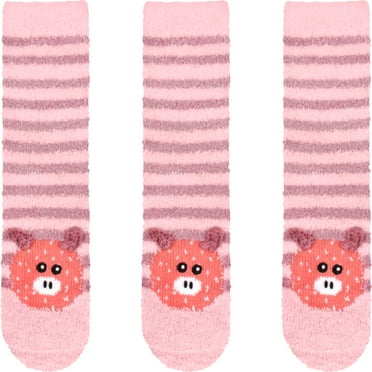 BambooMN Super Soft Cute Fuzzy Cozy Animal Non-Slip Crew Socks,  01 Stripe Pig, 3 Pairs Value Pack