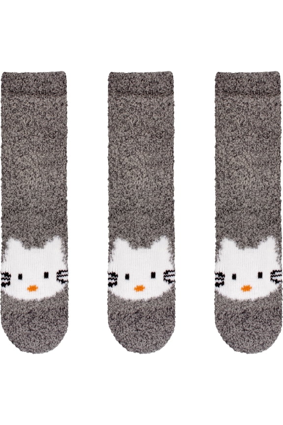 Women's Super Soft Warm Cute Animal Non-Slip Fuzzy Fluffy Crew Winter Home Socks, Grey Kitty - 3 Pairs