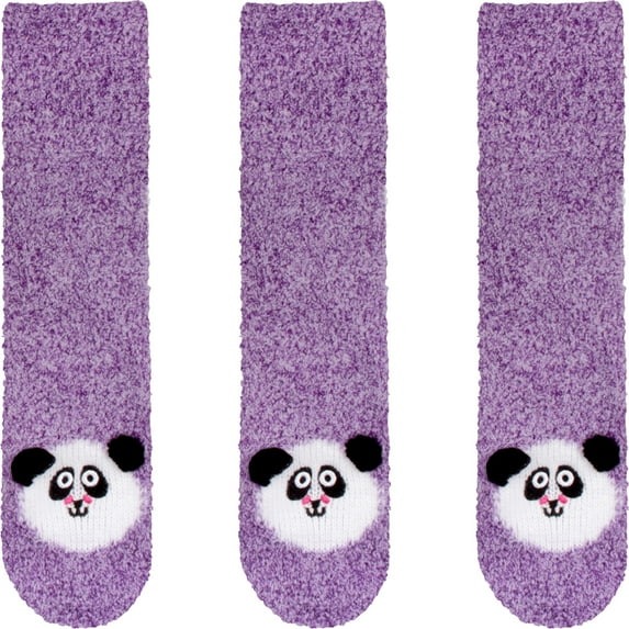 BambooMN Women's Super Soft Warm Cute Animal Non-Slip Fuzzy Fluffy Crew Winter Home Socks, Purple Panda - 3 Pairs