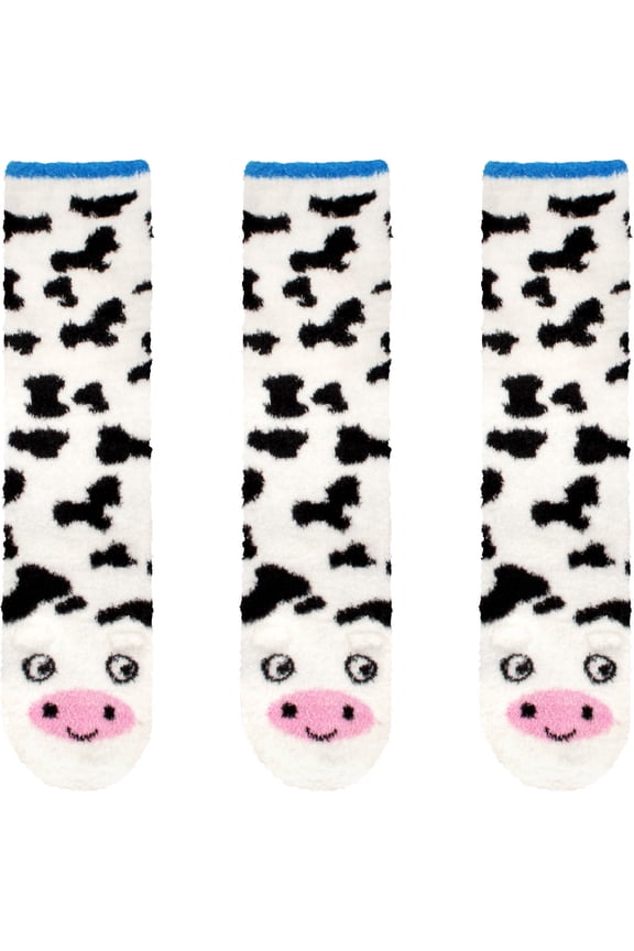Women's Super Soft Warm Cute Animal Non-Slip Fuzzy Fluffy Crew Winter Home Socks, White Cow - 3 Pairs
