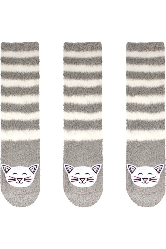 Women's Super Soft Warm Cute Animal Non-Slip Fuzzy Fluffy Crew Winter Home Socks, Grey Cat - 3 Pairs