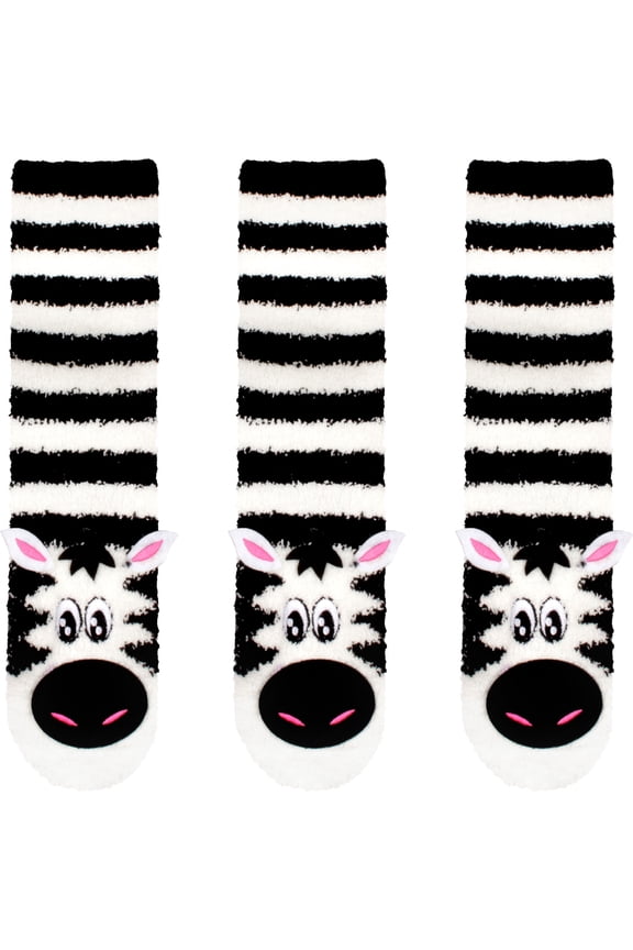 Women's Super Soft Warm Cute Animal Non-Slip Fuzzy Fluffy Crew Winter Home Socks, Zebra - 3 Pairs