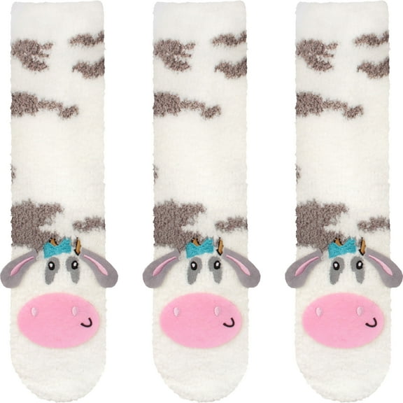 BambooMN Women's Super Soft Warm Cute Animal Non-Slip Fuzzy Fluffy Crew Winter Home Socks, Cream Cow - 3 Pairs