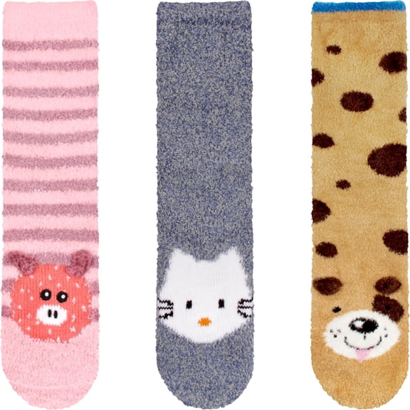 BambooMN Women's Super Soft Fuzzy Animal Crew Socks with Non-Slip Grips - Assortment 23 - Extra Large - 3 Pairs