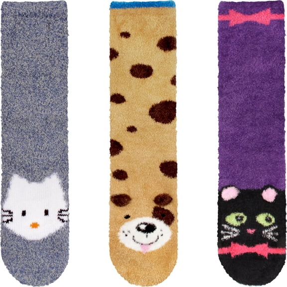 BambooMN Women's Super Soft Fuzzy Animal Crew Socks with Non-Slip Grips - Assortment 16 - Extra Large - 3 Pairs