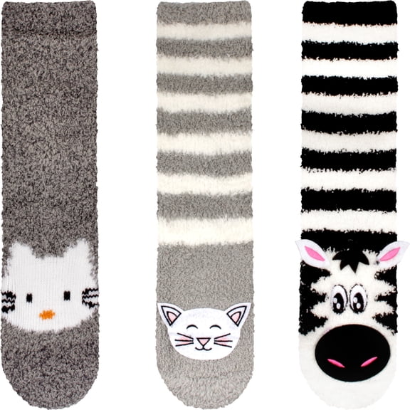 BambooMN Women's Super Soft Fuzzy Animal Crew Socks with Non-Slip Grips - Assortment 17 - Extra Large - 3 Pairs
