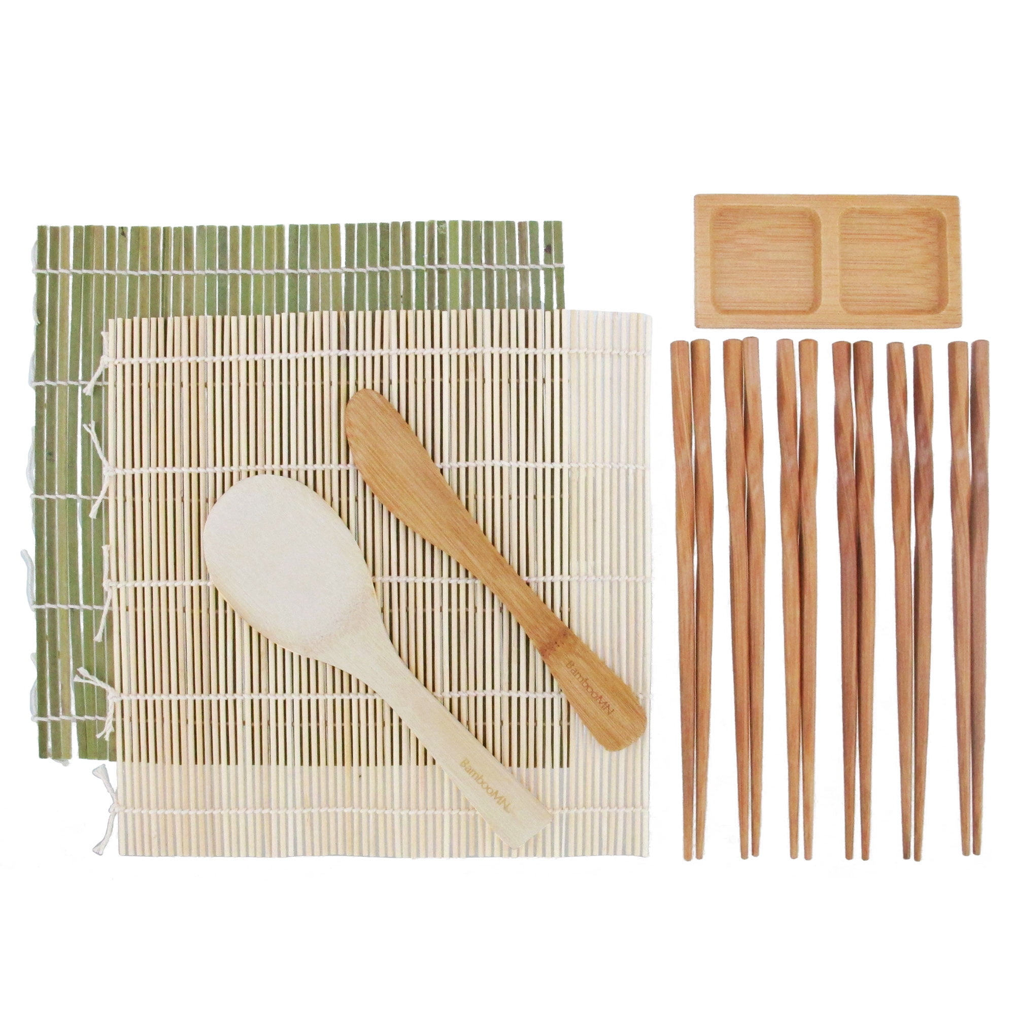 BambooMN Sushi Maker Kit 1x Green Bamboo Rolling Mat, 1x Natural Bamboo ...