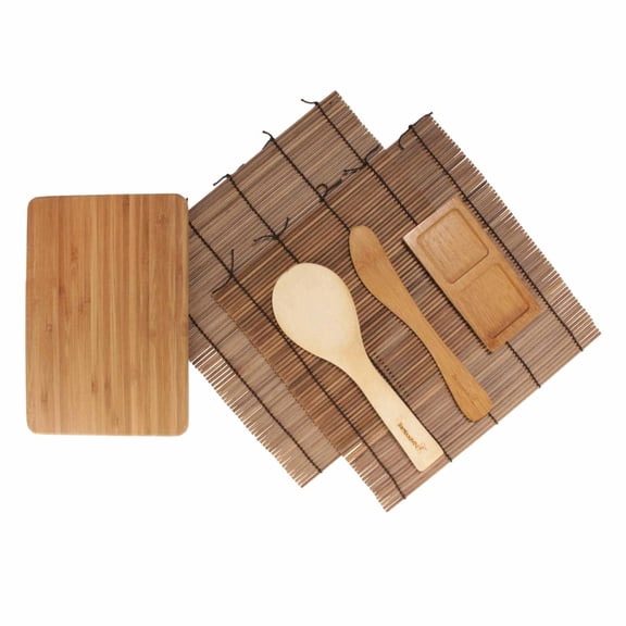 BambooMN Sushi Maker Kit - 2x Carbonized Brown Sushi Rolling Mats, Rice Paddle Spreader, Sushi Sauce Dish, and Cutting Display Board