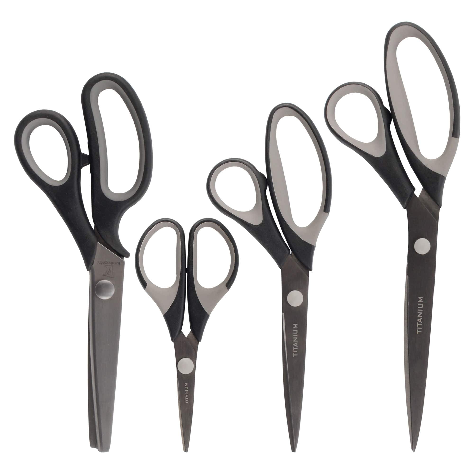 BambooMN Titanium Softgrip Scissors Set - Pinking, Sewing, Arts, Crafts, Office - 1 Set of 4 - Black w/Dark Grey Inlays