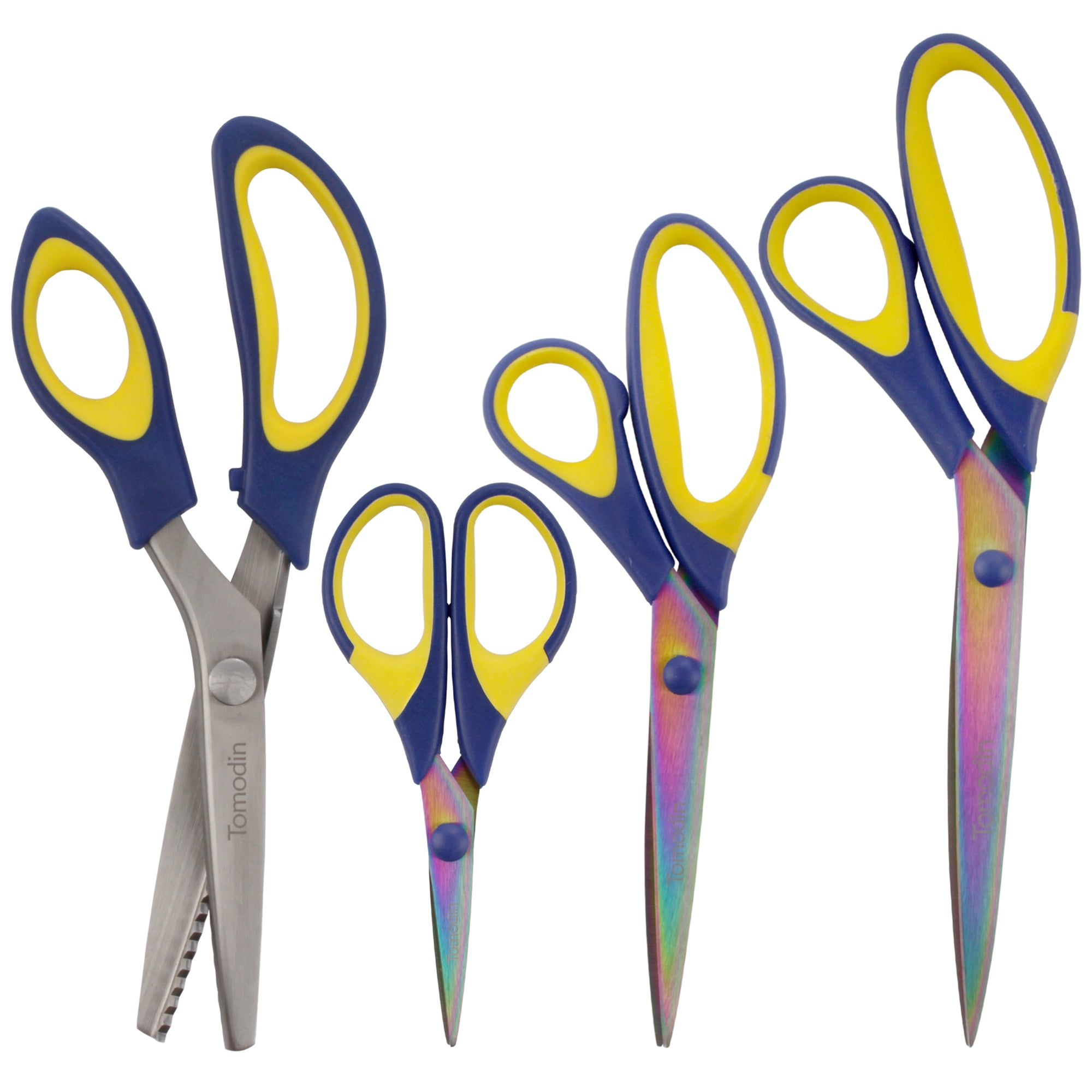 BambooMN Titanium Softgrip Scissors Set - Pinking, Sewing, Arts, Crafts, Office - 1 Set of 4 - Blue w/Yellow