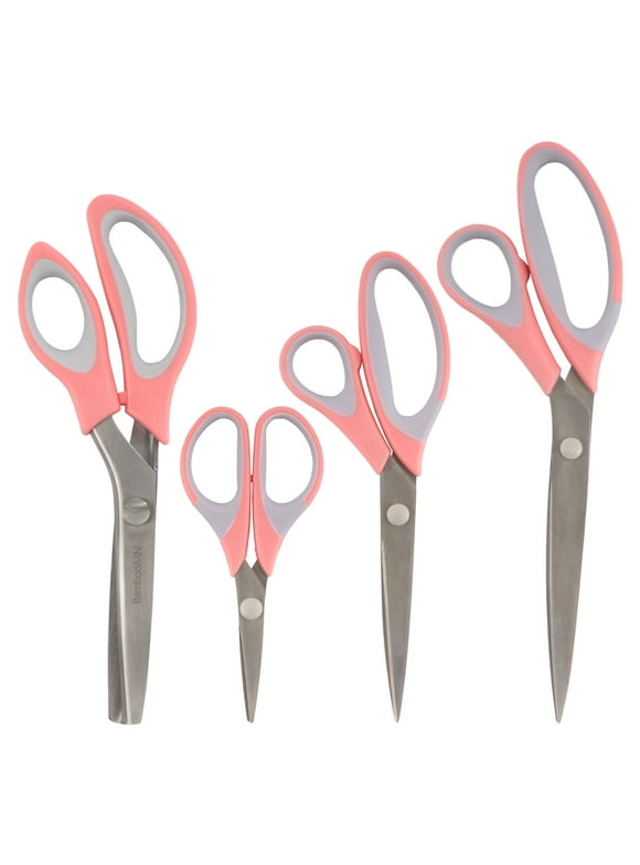 BambooMN Titanium Softgrip Scissors Set - Pinking, Sewing, Arts, Crafts, Office - 1 Set of 4 - Pink