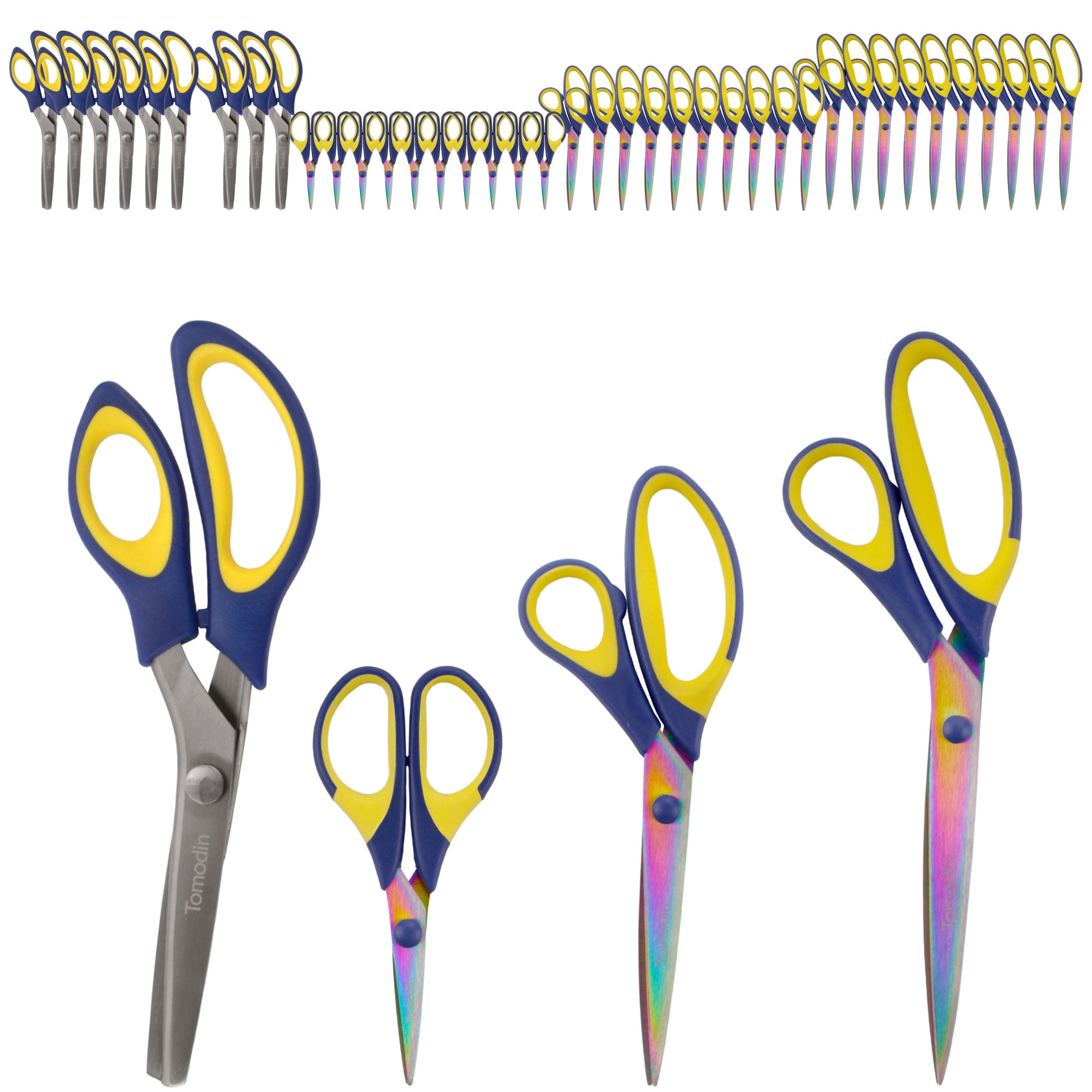 BambooMN Titanium Softgrip Scissors Set - Pinking, Sewing, Arts, Crafts, Office - 10 Sets of 4 - Blue w/Yellow