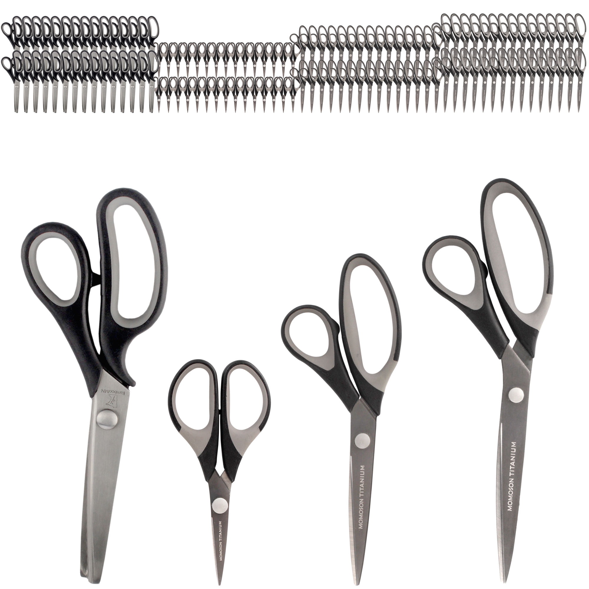 BambooMN Titanium Softgrip Scissors Set - Pinking, Sewing, Arts, Crafts, Office - 30 Sets of 4 - Black w/Grey