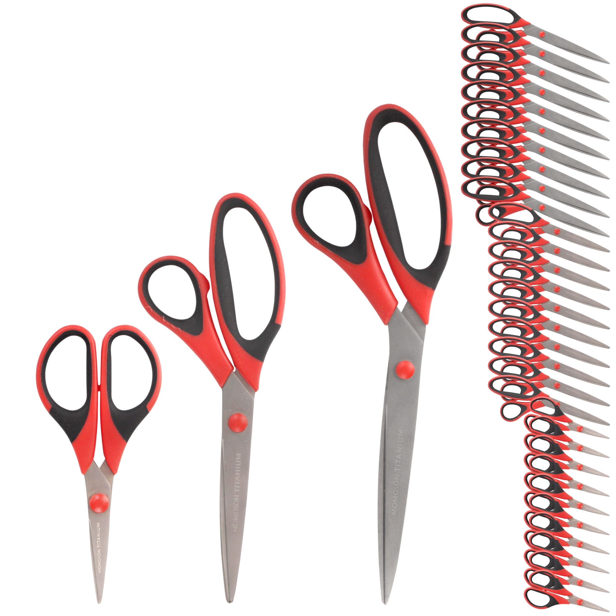 BambooMN Titanium Softgrip Scissors Set for Sewing, Arts, Crafts, Office - 10 Sets of 3 - Red w/ Black Inlays
