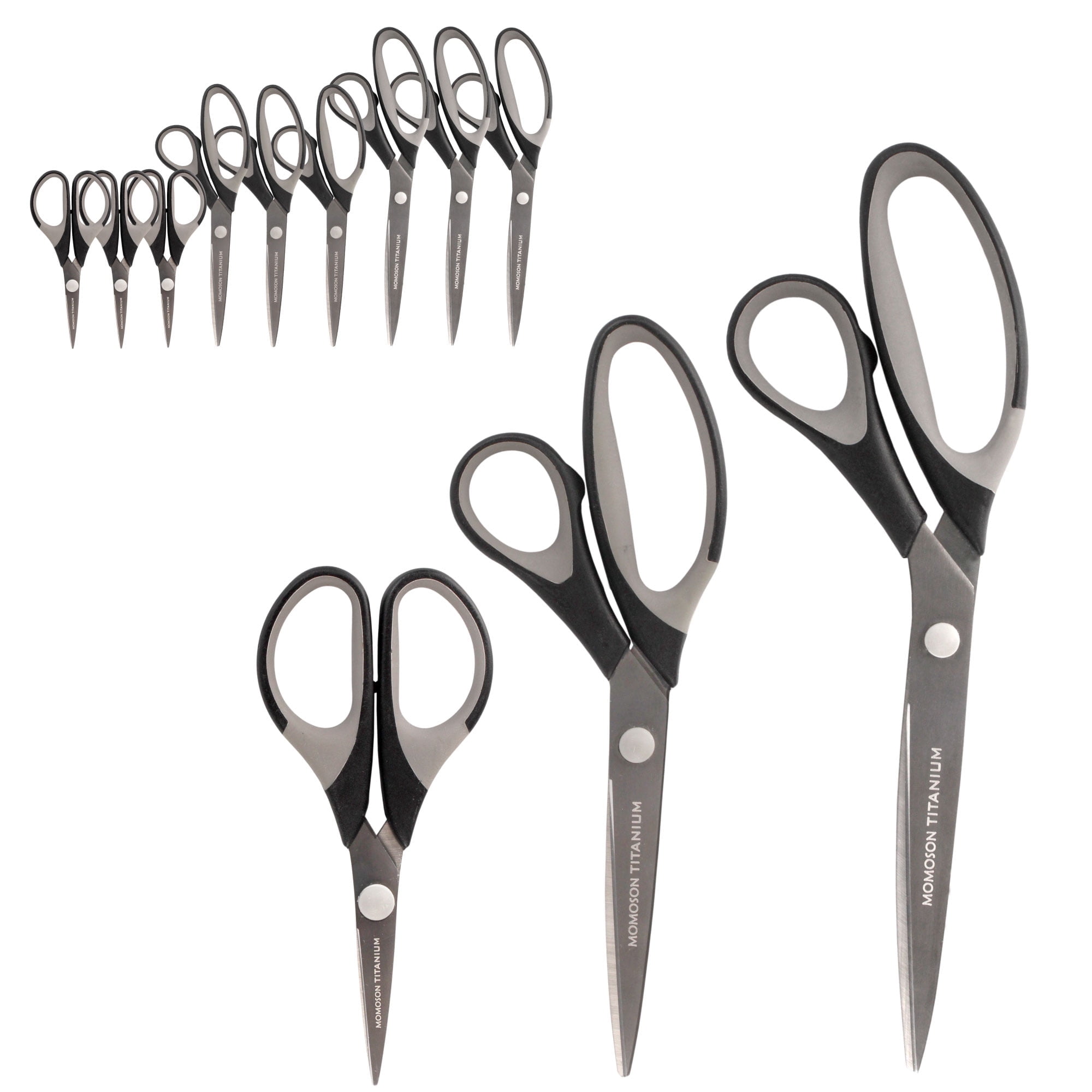 BambooMN Titanium Softgrip Scissors Set for Sewing, Arts, Crafts, Office - 3 Sets of 3 - Black w/Grey Inlays