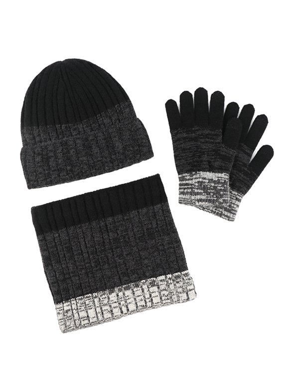 Unisex Men Women Soft Warm Cozy Outdoor Winter Beanie Hat, Infinity Scarf, Glove Set for Cold Weather, Black