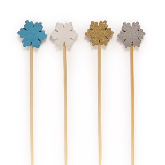 BambooMN - Winter Holiday Snowflake Bamboo Picks Skewers for Appetizers Desserts Cocktails - 4.7" (12cm) - Blue, White, Gold, Silver - 1,000pcs