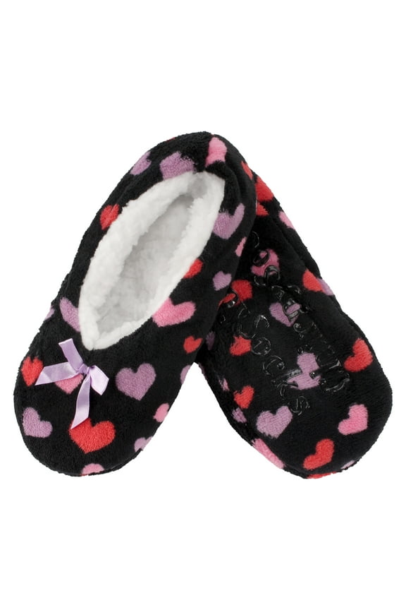 Women Soft Fuzzy Furry Home Non-Slip Slipper Socks, Black Hearts, Medium, 1 Pair