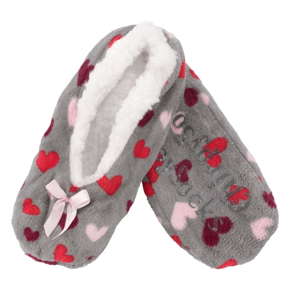 BambooMN Women's Heart Stripes Slippers Non-Slip Grips - Grey Hearts - Extra Large - 1 Pair