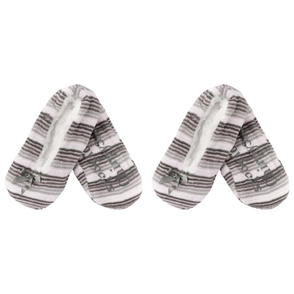 BambooMN Women's Heart Stripes Slippers Non-Slip Grips - Grey Stripes - Large -2 Pairs