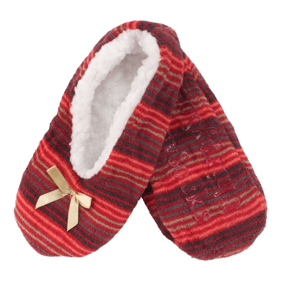 BambooMN Women's Heart Stripes Slippers Non-Slip Grips - Red Stripes - Large - 1 Pair