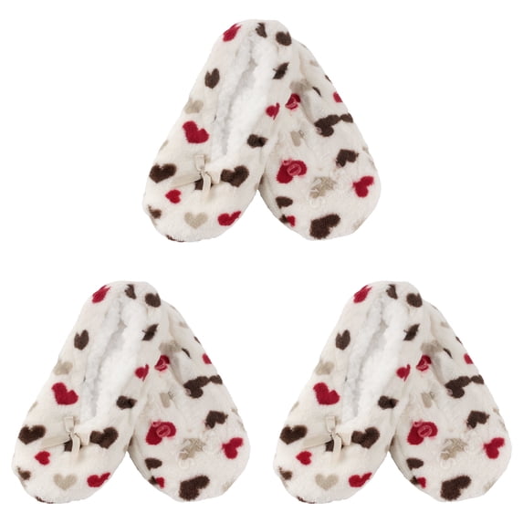 BambooMN Women's Heart Stripes Slippers Non-Slip Grips - White Hearts - Large - 3 Pairs